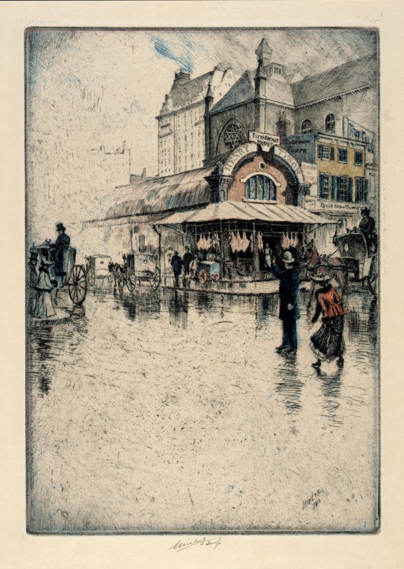 Etching by Charles Frederick William Mielatz depicting an interior butcher shop with hanging meats.