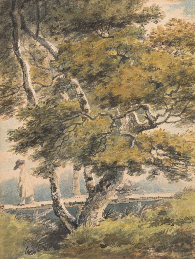 Aquarela de Paul Sandby mostrando árvores e um homem atravessando uma ponte.