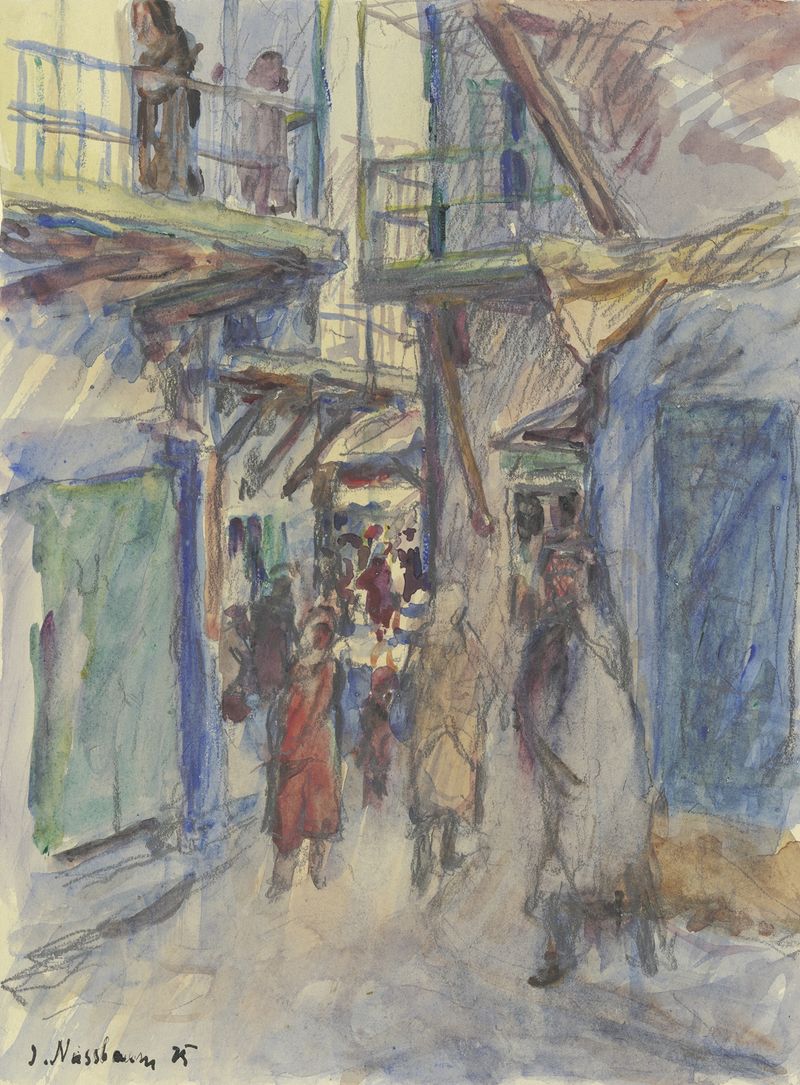 Figurative scene of a solitary figure on a cobbled street, oil painting by Jakob Nussbaum