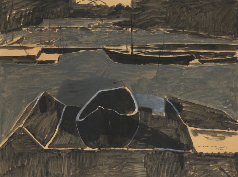 Marine scene with a solitary figure at twilight, oil painting by Léon Spilliaert