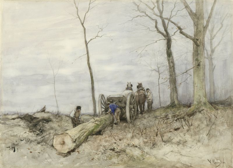 Pintura figurativa de Anton Mauve mostrando uma figura solitária na sombra com tons terrosos suaves.