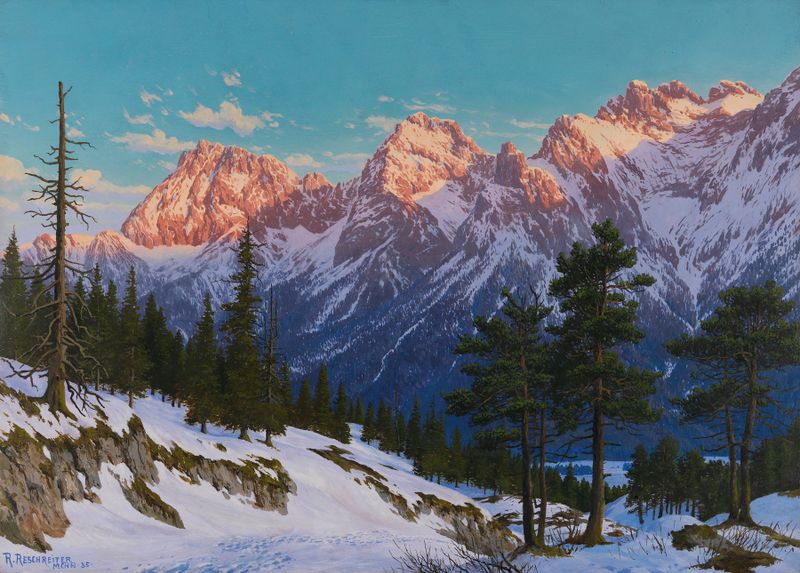 Winterliche Abendstimmung bei Mittenwald, oil on canvas by Rudolf Reschreiter, depicting a snowy village landscape.