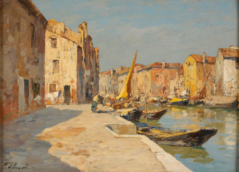 Kanal in Venedig by Ferdinando Silvani, oil on canvas depicting a serene canal scene.