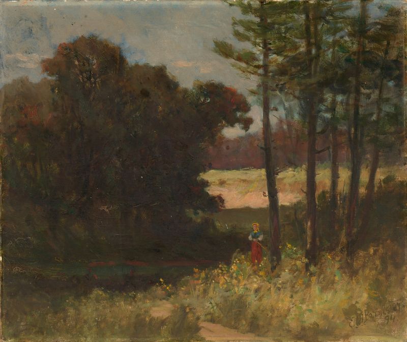 Pintura a óleo de Edward Mitchell Bannister retratando uma mulher sob árvores em uma paisagem