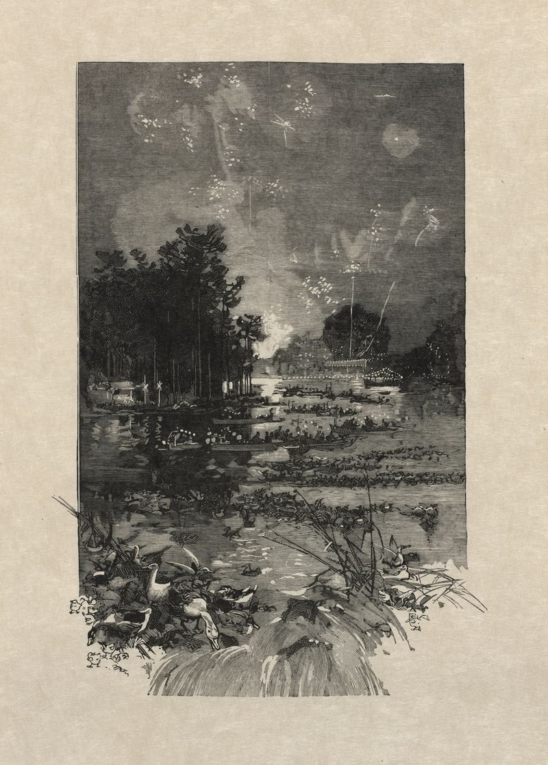 Gravura de Auguste Louis Lepère mostrando figuras sombrias sob um dossel apagado