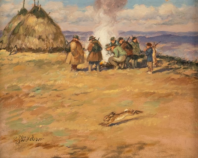 Después de la caza de conejos de Carl Plückebaum, realismo, representando un momento sereno en la naturaleza.