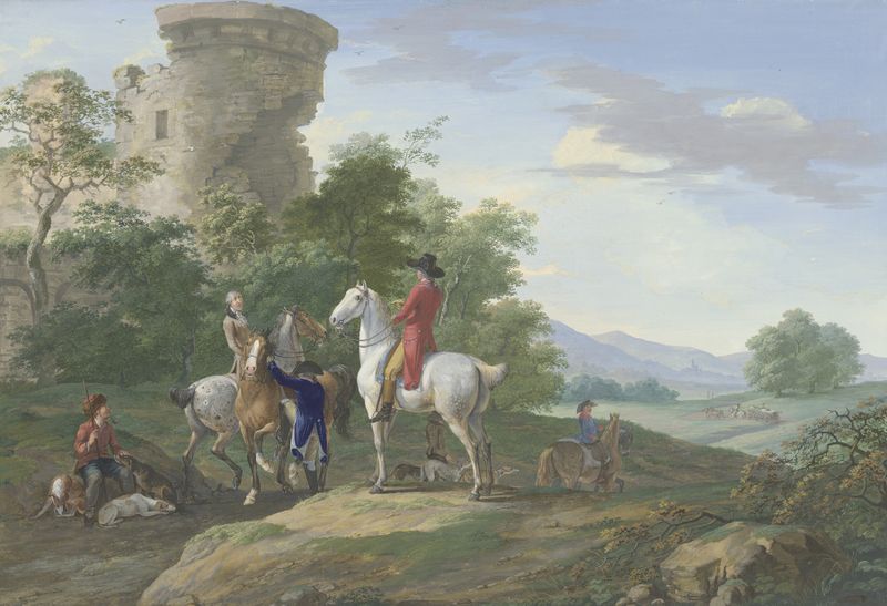 Hunters with horses and dogs near ruins, oil painting by Johann Georg Pforr