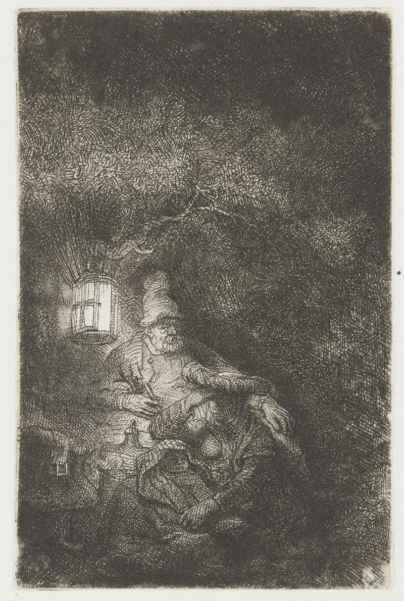 Gravura de Rembrandt van Rijn mostrando Maria e Jesus descansando sob uma árvore
