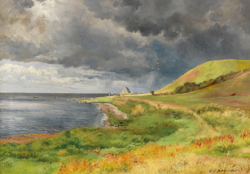 Landscape with stormy sky by Carl Frederik Aagaard, oil painting