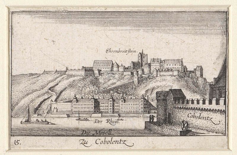 Gezicht op Koblenz, gravura de Wenceslaus Hollar, retratando uma paisagem ao crepúsculo com um rio e arquitetura.