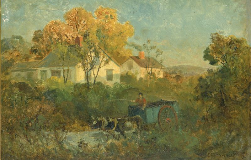 The Drinking Pool de Edward Mitchell Bannister, retratando bois e carro em um lago tranquilo, pintura a óleo