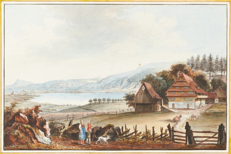 Paisagem do Lago Zug com montanhas, óleo sobre tela de Caspar Wolf