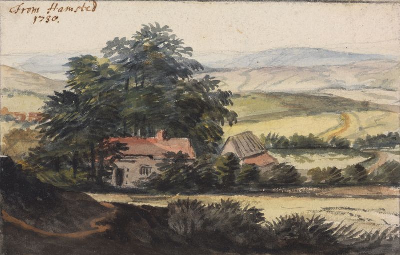 Rococo landscape by Peter Tillemans depicting gentle hills and dawn colors