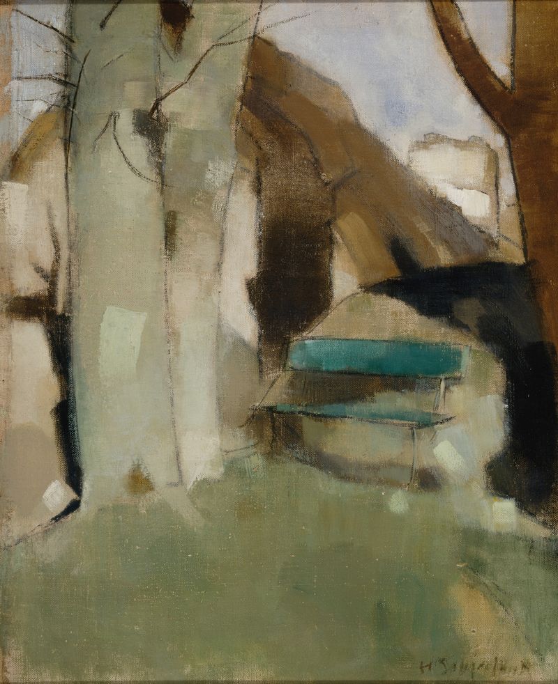 Cena interior com um banco verde e sombras de Helene Schjerfbeck, pintura a óleo