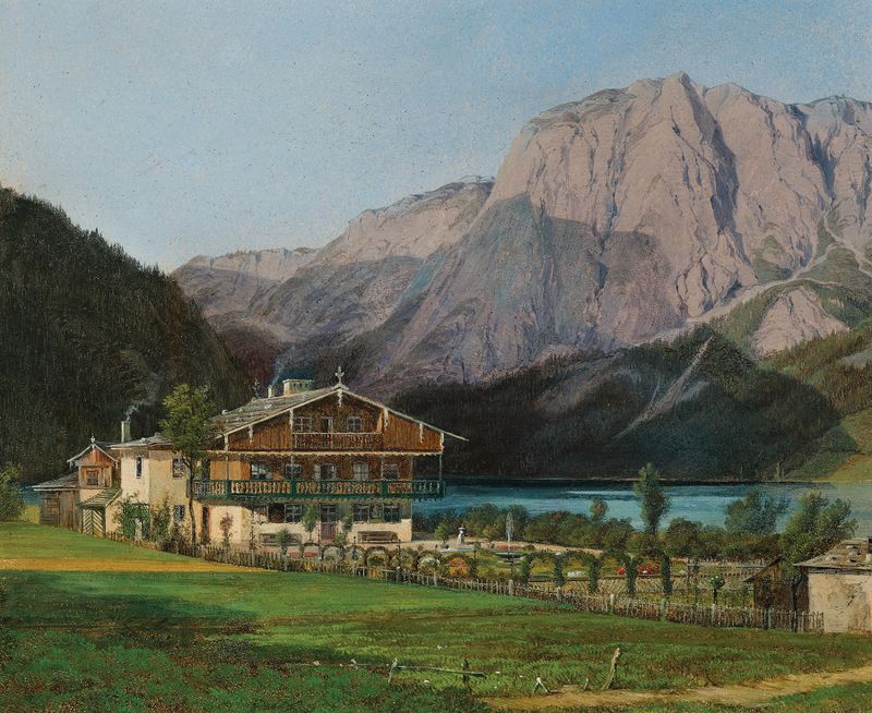 Zedlitz Villa en el Lago Altaussee, pintura al óleo de Karl Reinhold, que muestra la naturaleza tranquila y montañas.