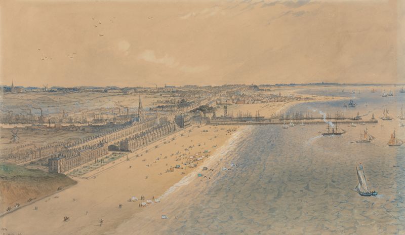 Lowestoft de Edward Hull, pintura al óleo que muestra olas en una playa de guijarros