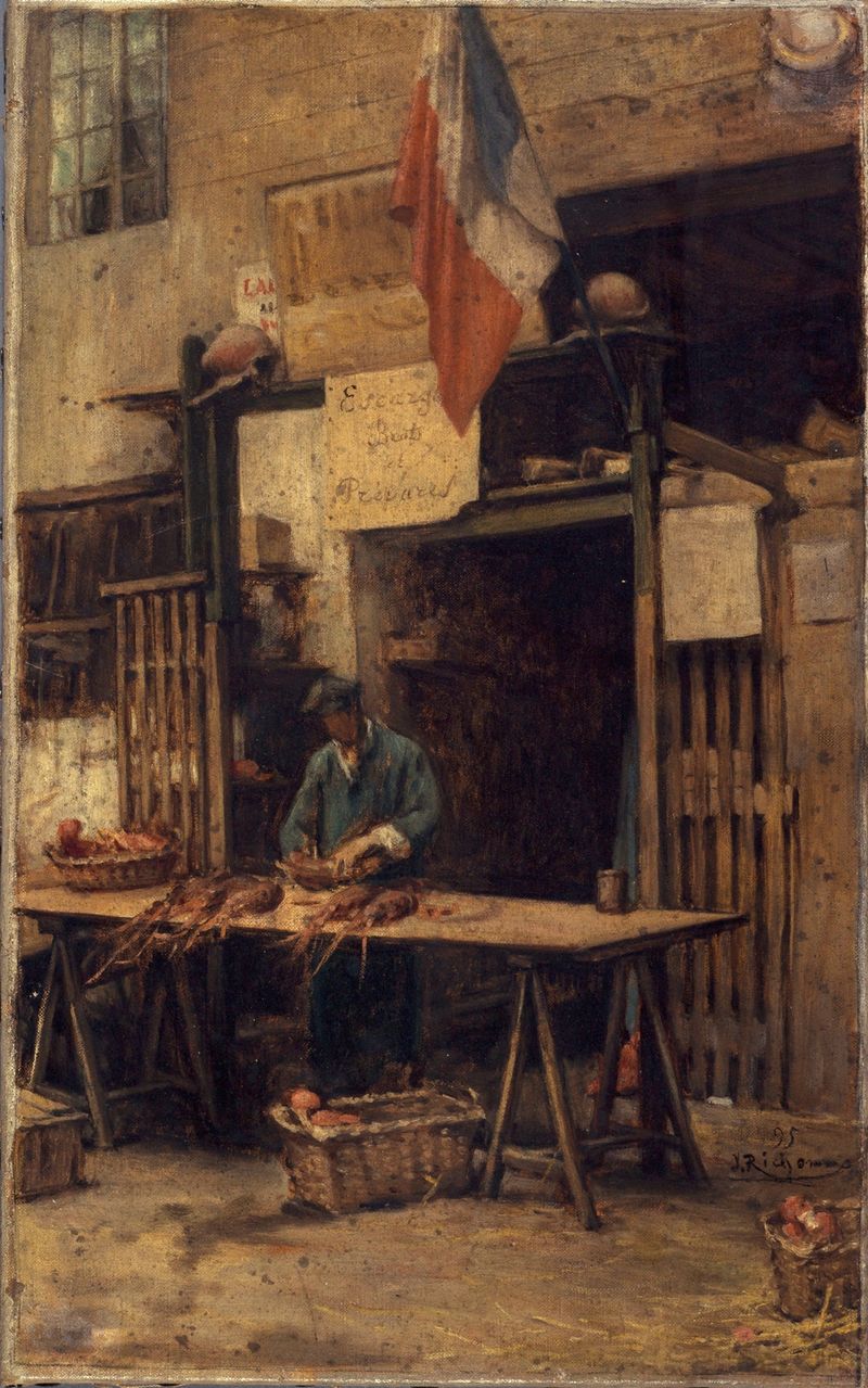 Impressionism artwork by Jules Richomme depicting a courtyard with light and shadow.