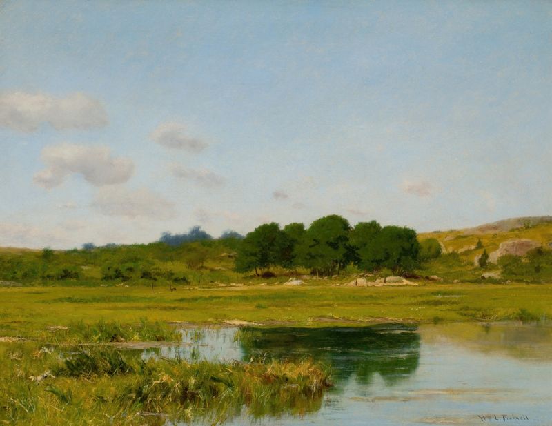 Annisquam by William Lamb Picknell, oil on canvas depicting shimmering water reflections.