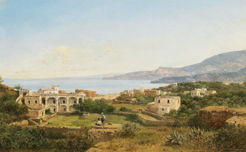 Landscape oil painting by Albert Zimmermann depicting golden light over hills and tranquil waters