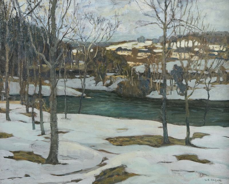 River in Snow by Walter Elmer Schofield, oil painting depicting a snowy landscape with a river