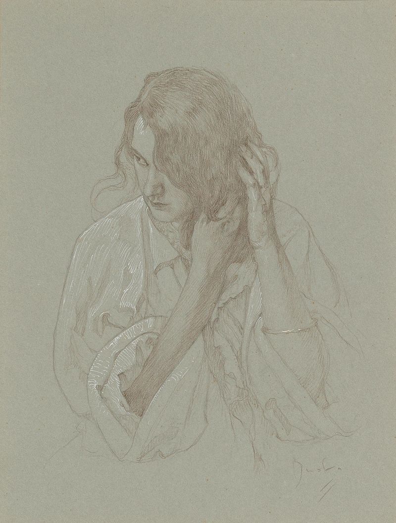 Portrait of a girl with hands in hair by Alphonse Mucha, pastel artwork