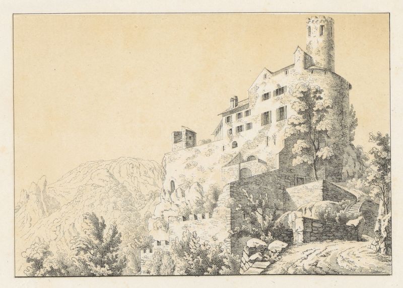 Neu Bechburg de Johann Friedrich Wagner, pintura al óleo que representa un castillo en un paisaje brumoso.