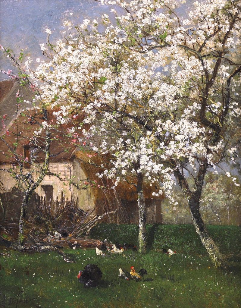 Botanical scene with pink blossoms, oil painting by Alexandre Defaux