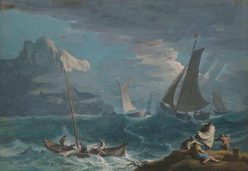 Fishing Boats in a Storm de Marco Ricci, pintura al óleo que representa olas turbulentas y nubes oscuras