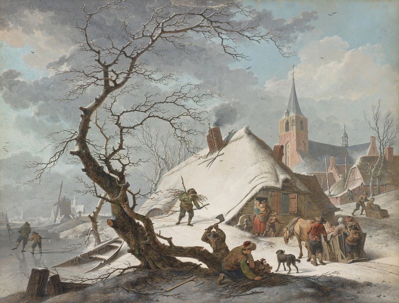 A Winter Scene by Hendrik Meyer, oil painting depicting a snowy village landscape.