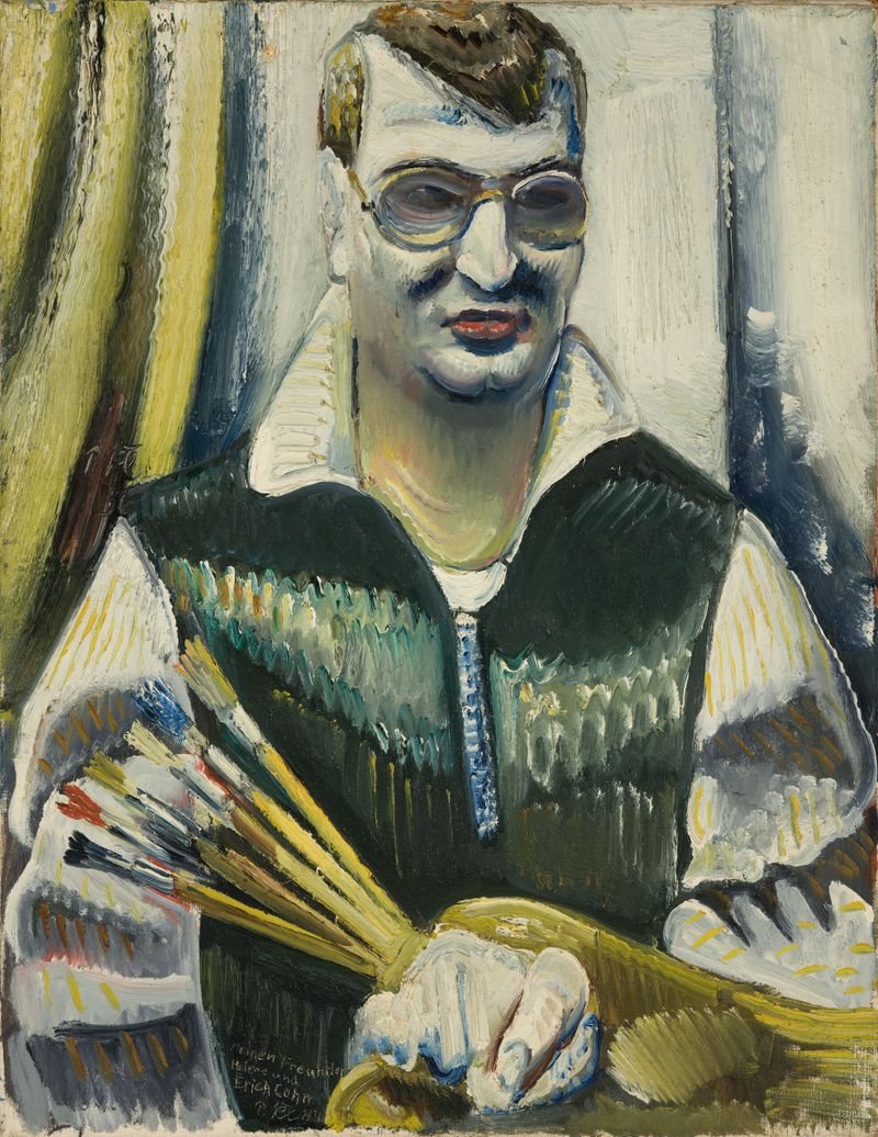 Autorretrato de Paul Kleinschmidt, óleo sobre tela, apresentando uma figura com olhar penetrante.