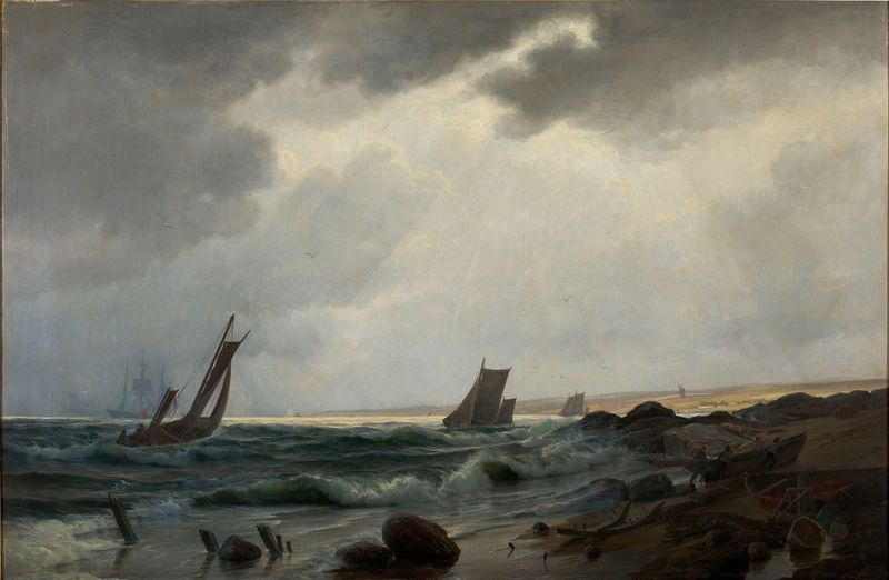 Coastal scene by Holger Drachmann, oil on canvas, depicting waves and light.