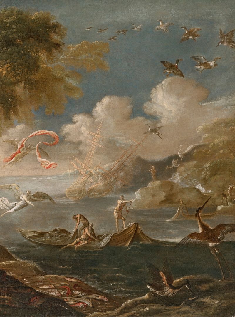 La pesca milagrosa, pintura al óleo de Agostino Tassi que representa pescadores en el agua.