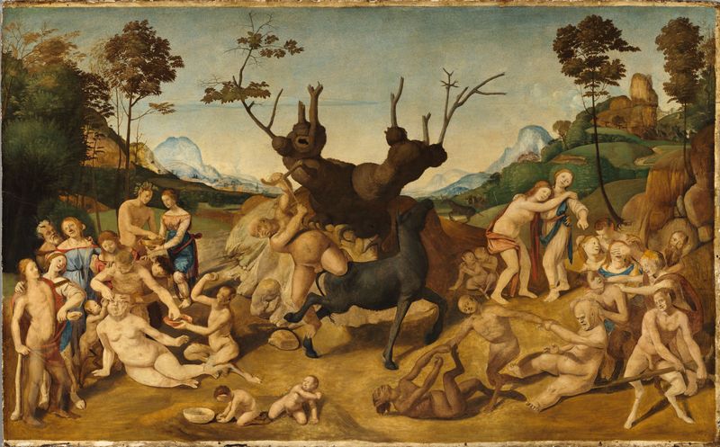 The Misfortunes of Silenus, oil on panel by Piero di Cosimo, featuring Silenus in a lush natural setting.