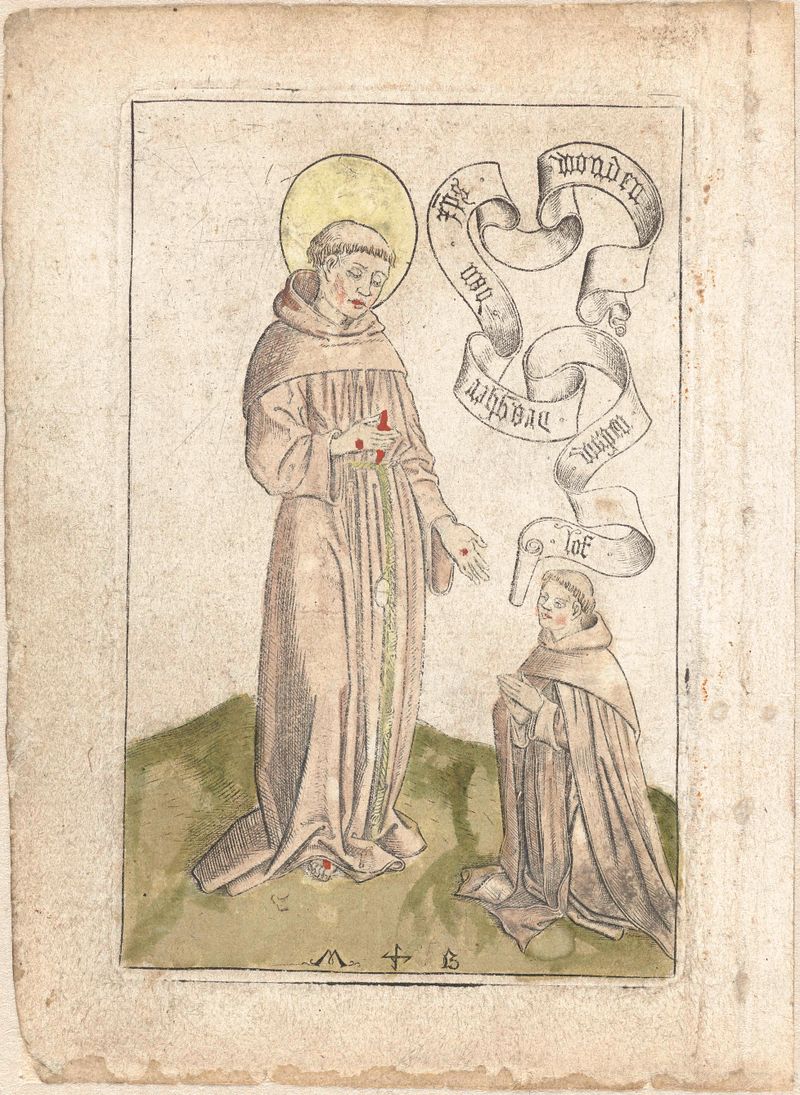 Gravura de Monogrammist MB representando São Francisco com uma figura ajoelhada.