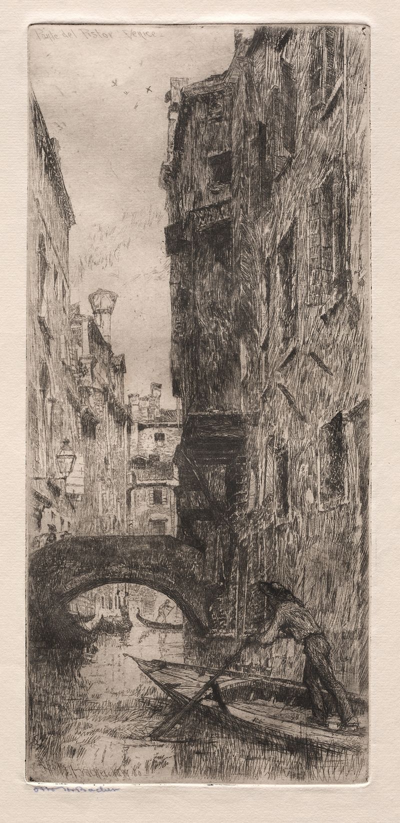Watercolour by Otto Henry Bacher depicting Ponte del Pistor, Venice with reflections and golden light.