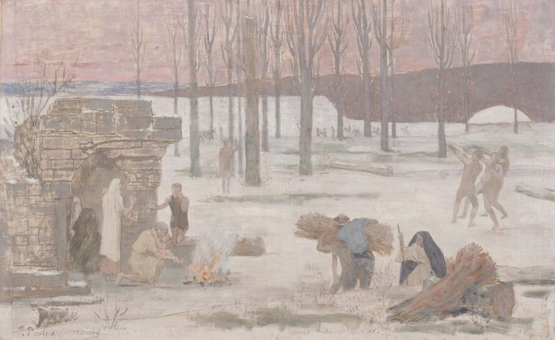 Winter de Pierre Puvis de Chavannes, óleo sobre lienzo que muestra un paisaje nevado con árboles.