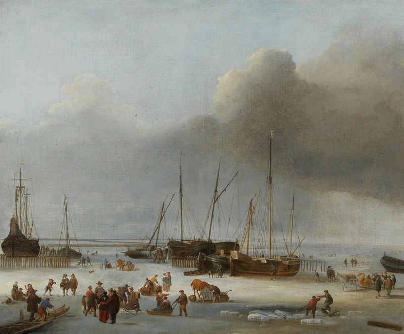 Ice-skating scene on a canal, oil on canvas by Hendrick Jacobsz. Dubbels