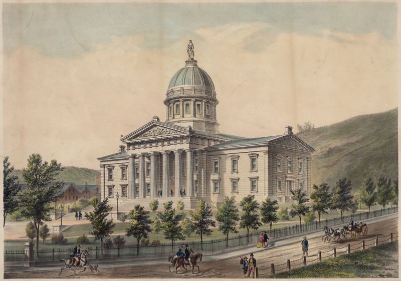 Vermont Capitol, Montpelier lithograph by John H. Bufford's & Sons, featuring a golden dome and columns