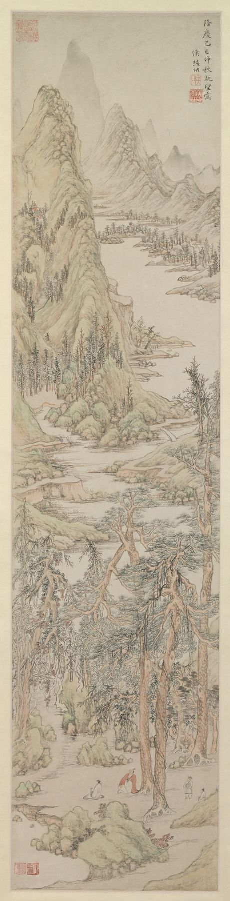 Montanhas Altas de Hou Maogong, obra de arte tradicional chinesa que retrata montanhas serenas.