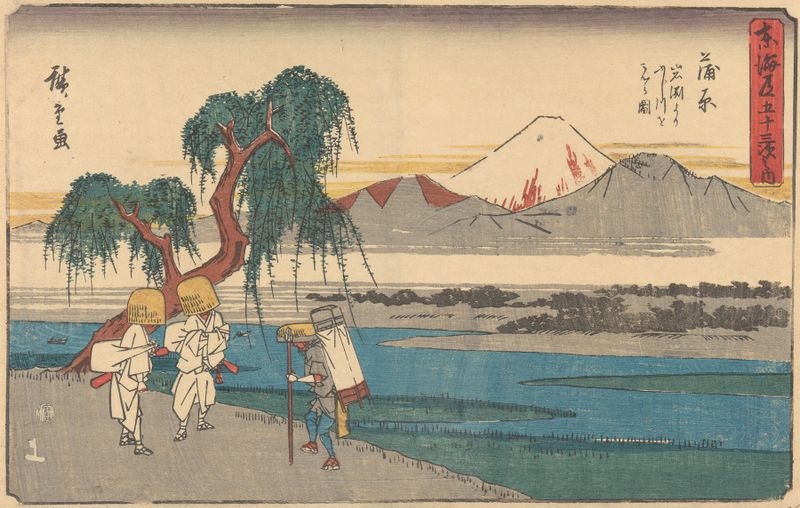 Impressão em madeira de Utagawa Hiroshige retratando colinas tranquilas e luz