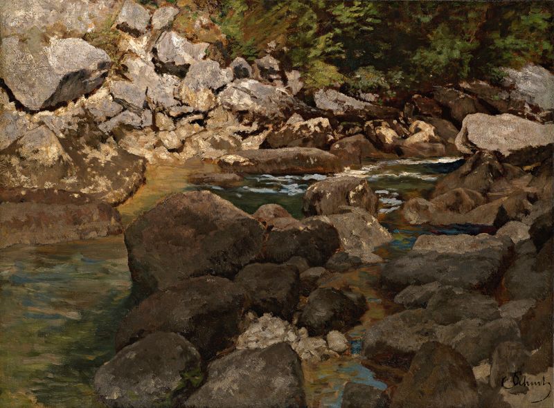 Mountain Stream with Boulders by Carl Schuch, realism, depicting a serene landscape with water and boulders