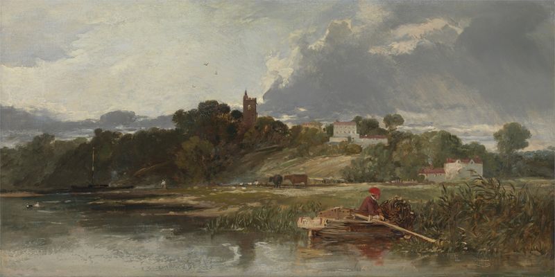 Gillingham on the Medway, oil painting by William James Müller depicting a tranquil river landscape.