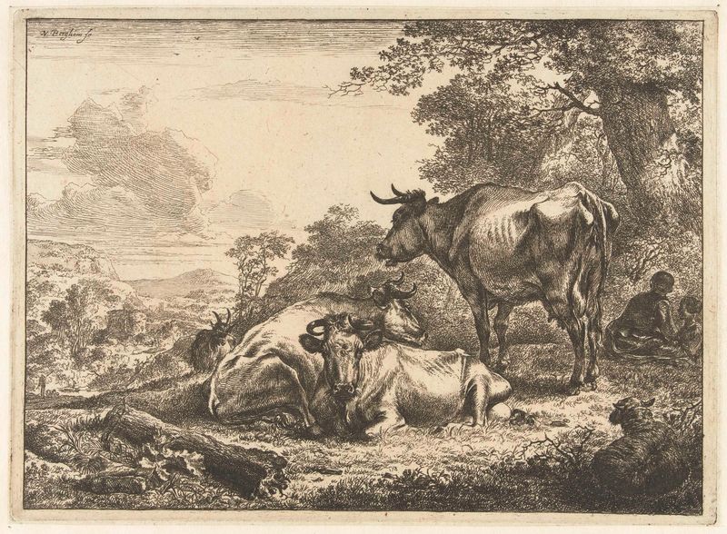 Tres vacas descansando en un paisaje exuberante, grabado de Nicolaes Pietersz Berchem