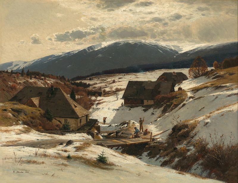 Paisagem do amanhecer sobre prados com flores de Rudolf Schuster, pintura a óleo
