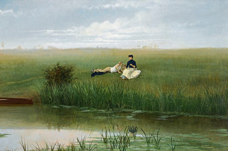 Le Repos Des Canotiers de Georges Croegaert, pintura al óleo que muestra una reunión con una joven solitaria.