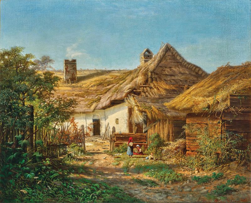 A Farmer’s House de Tina Blau, óleo sobre lienzo que representa una granja tranquila en un paisaje exuberante.
