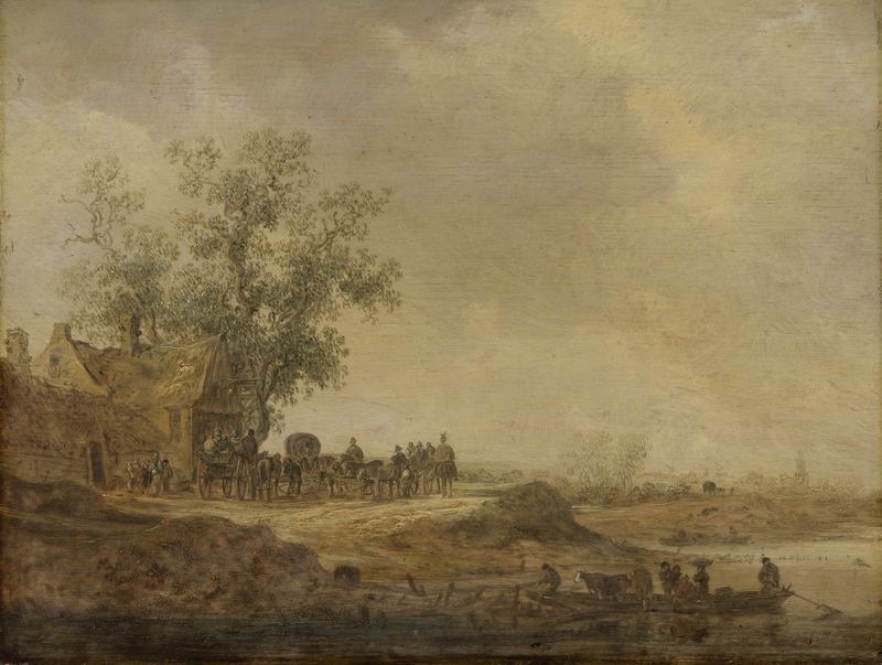 Paisagem com uma pousada e colinas suaves, pintura a óleo de Jan van Goyen