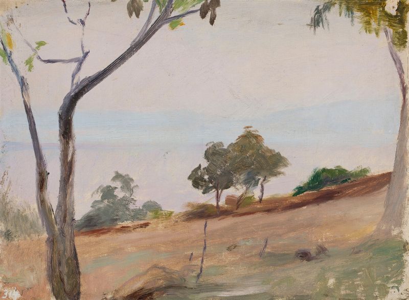 Paisaje con árboles de Jan Ciągliński, óleo sobre lienzo que representa una escena natural serena.