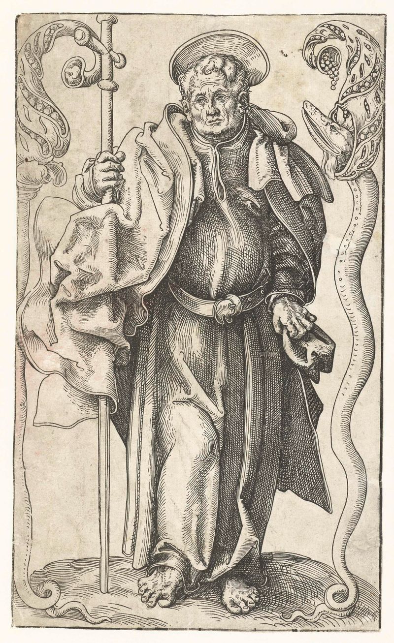 Filippus met kruis en slang de Lucas Cranach, medio papel, que representa a Felipe enfrentando a una serpiente.