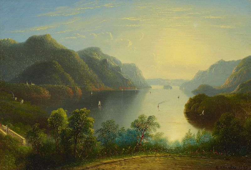 View of the Hudson Near West Point, oil on canvas by Edmund C. Coates, featuring a river and trees at sunset.